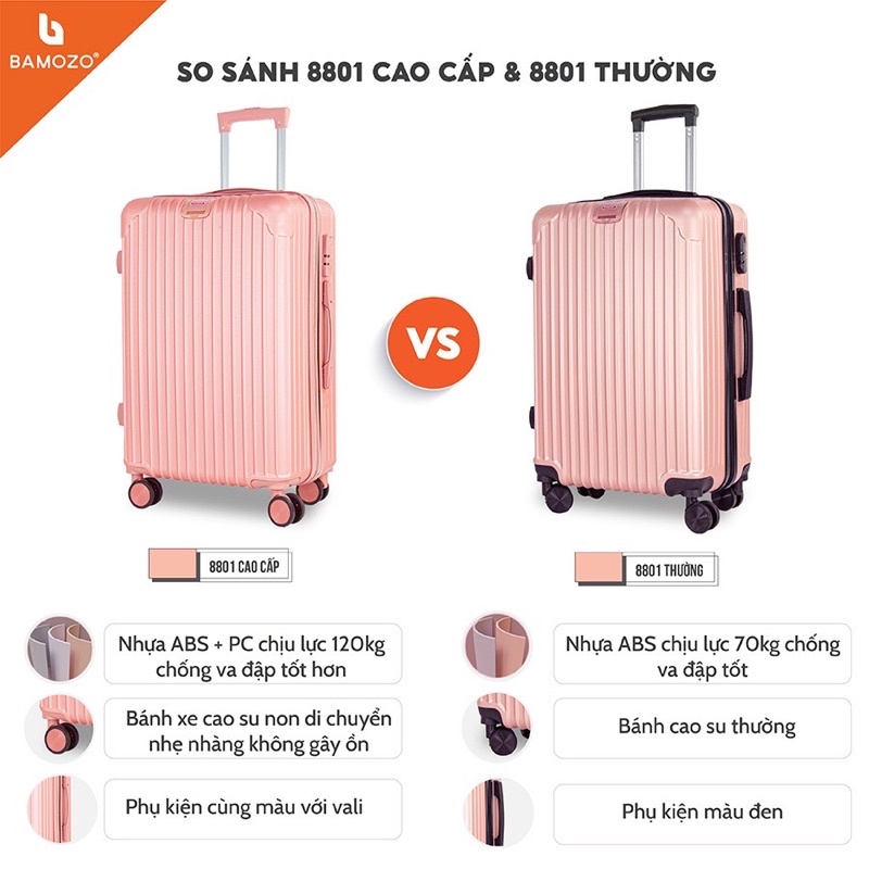 Vali Kéo Du Lịch Cao Cấp Giá Rẻ Bền Đẹp Size 20 Size 24 Inch Nhựa Chống Va Đập Trầy Xước Bảo Hành 5 Năm Bamozo 8801