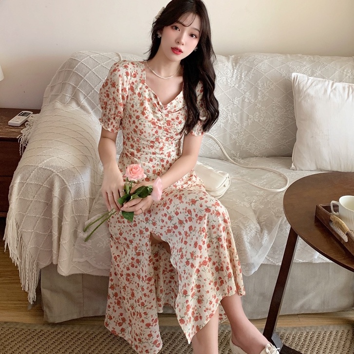 Đầm Hoa Tay Phồng Plus Size Xẻ Tà Thời Trang Mùa Hè Hàn Quốc Cho Nữ