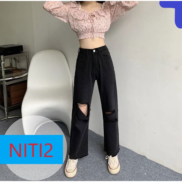 [ VINH HOA ] QUẦN JEANS ỐNG RỘNG NỮ LƯNG CAO MÀU ĐEN RÁCH VẠT TRONG GỐI PHẢI 2 SỌC TRÁI LAI TUA VẢI MỀM MỊN CAO CÁP NITI