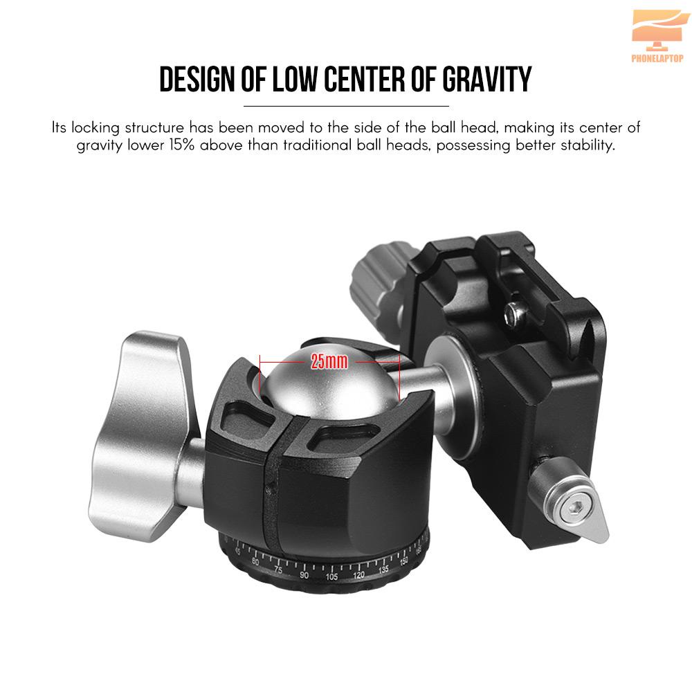 Andoer D-25R  CNC Machining Aluminum Alloy Double Notch Ball Head Mini Ballhead Low Center of Gravity for Manfrotto etc Tripod Monopod for Canon Nikon Sony DSLR ILDC Cameras Max Load Capacity 10kg