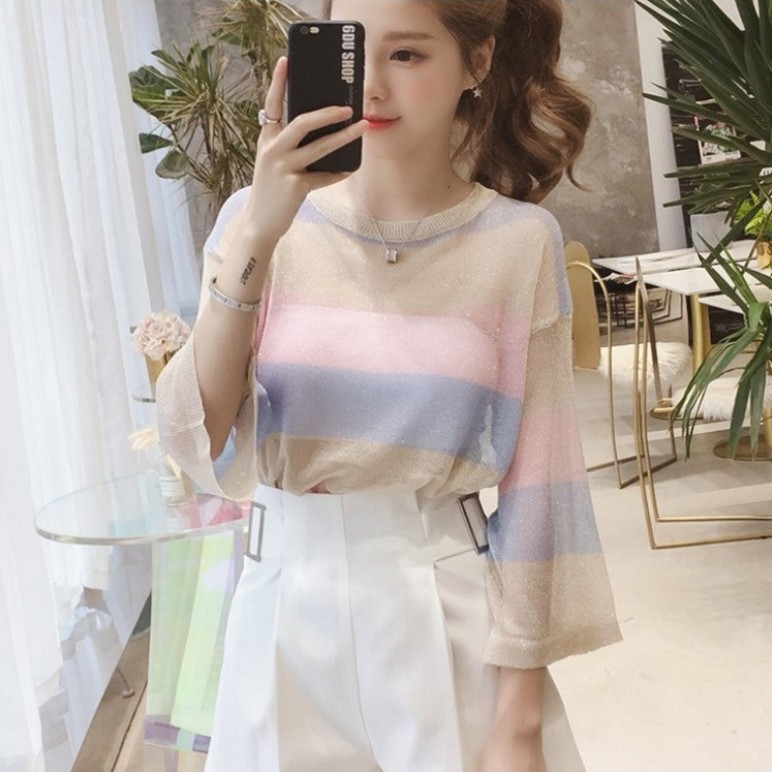 Áo sweater nữ 40-63kg dáng rộng kẻ sọc phối màu xinh xắn