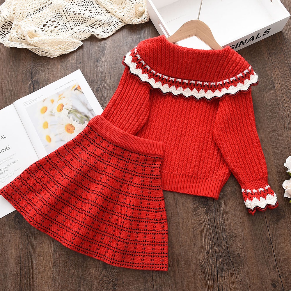 Set đồ BEAR LEADER gồm áo sweater tay dài cổ viền ren màu trơn+chân váy xếp ly thời trang thu đông cho bé gái 2-6T