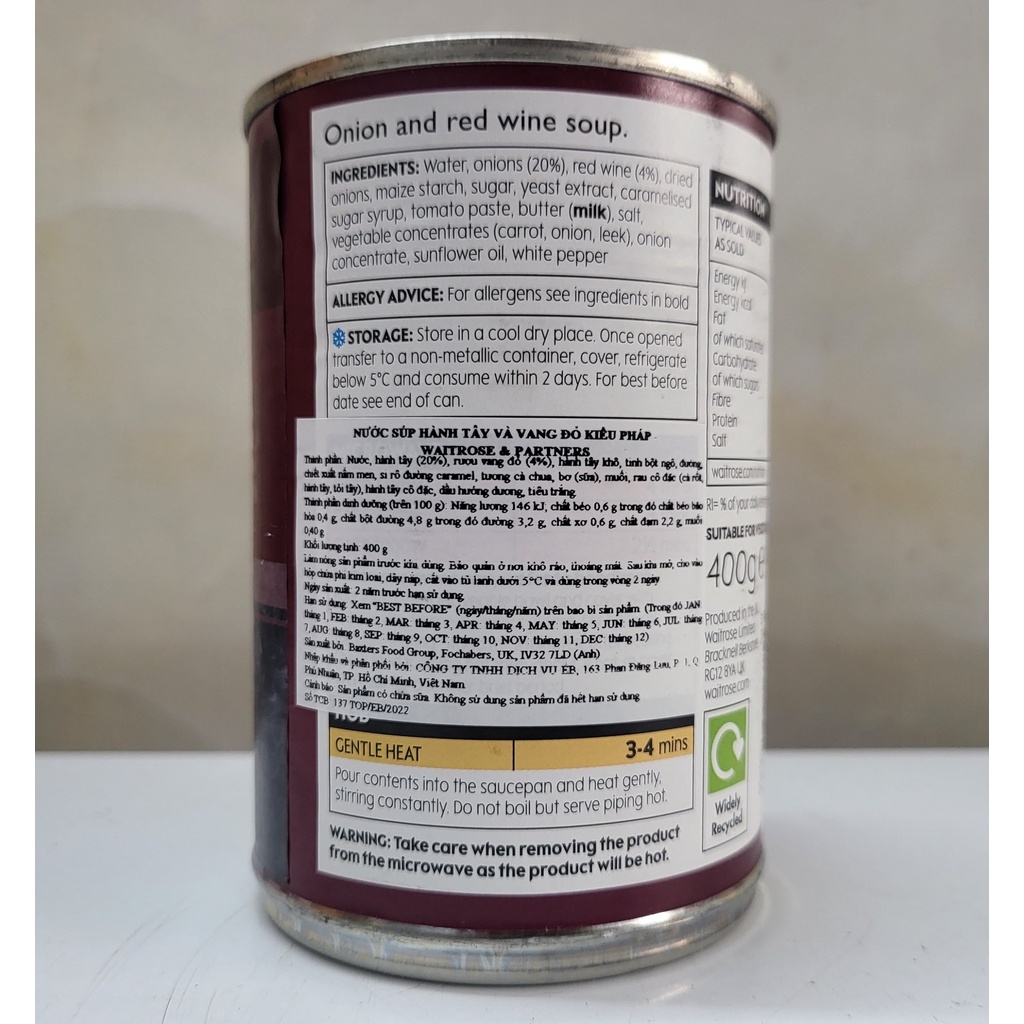 [Hộp 400g] SÚP HÀNH TÂY VÀ VANG ĐỎ KIỂU PHÁP [U.K] WAITROSE French Onion and Red W Soup (atp)