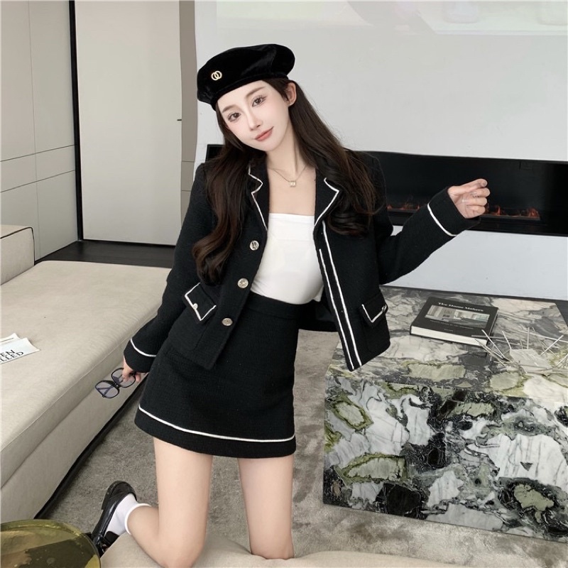 (SẴN) Set dạ viền trắng đen