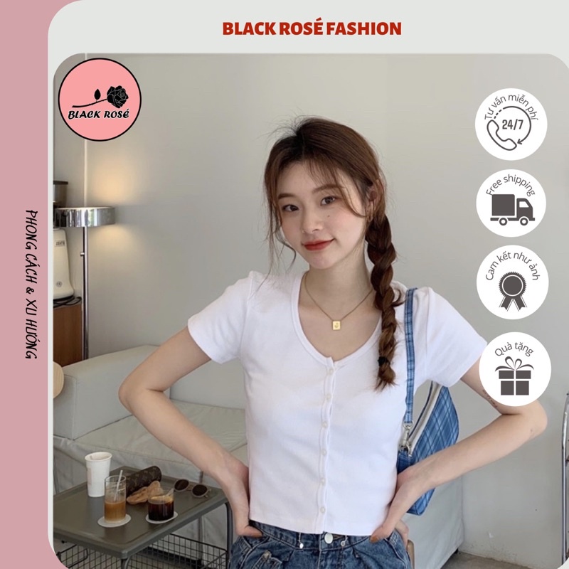 Áo Croptop Nữ Kiểu Ôm Body Tay Ngắn Có Cổ Tròn Cài Cúc Hàn Quốc Sexy Cực Hot BR25