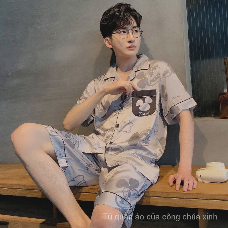 Bộ đồ ngủ ngắn tay bằng vải lụa lạnh mỏng in họa tiết hoạt hình thời trang mùa hè cho nam X80W