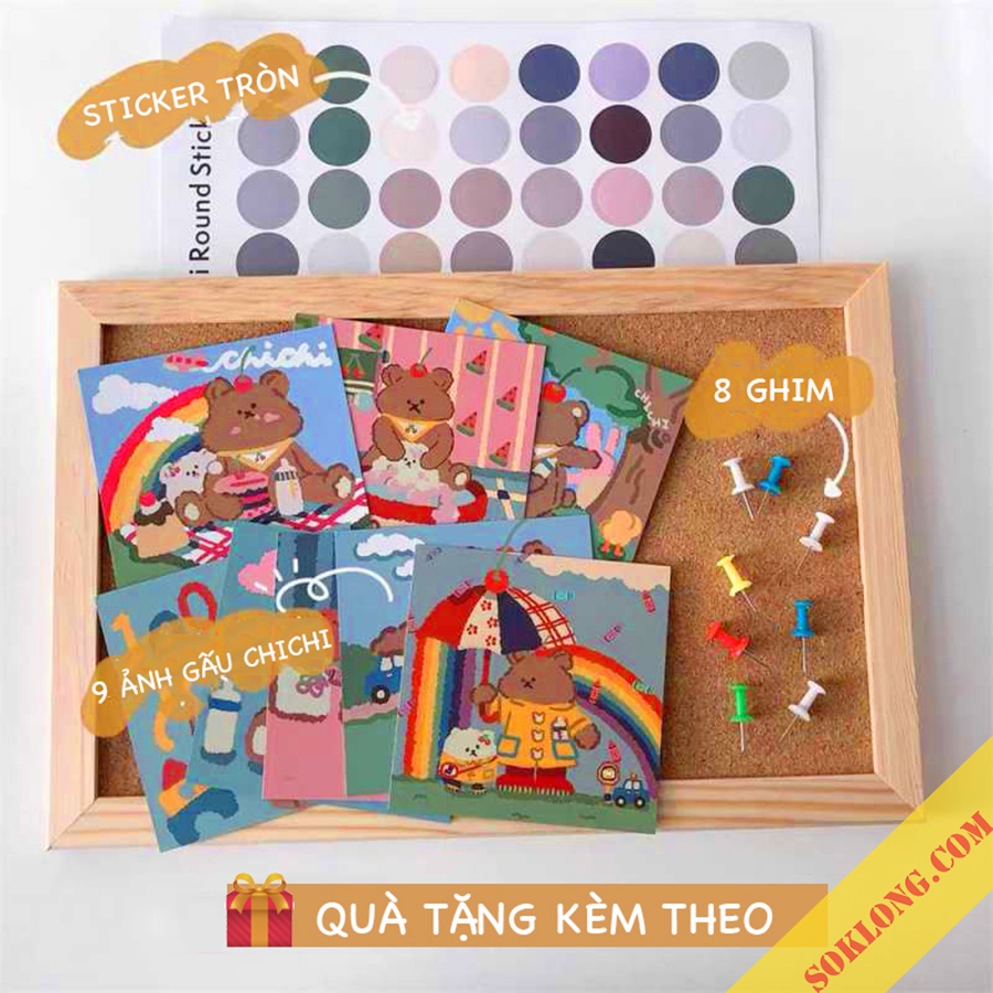 Bảng ghim gỗ bần K18 decor treo ảnh, postcard trang trí - Tặng kèm ghim, sticker, dây gai