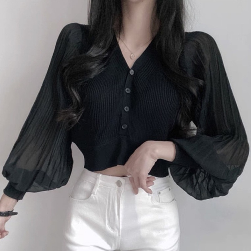 IELGY   Áo cardigan Cổ Chữ V Tay Phồng Phong Cách Thời Trang Pháp Dành Cho Nữ