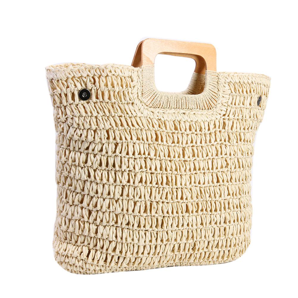 Túi cói cầm tay hình chữ nhật - quai xách gỗ - gài nút 2 bên - phong cách Vintage