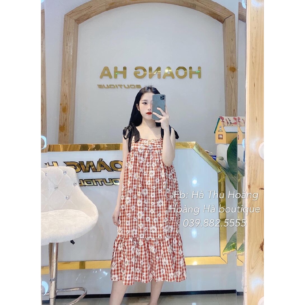 VÁy 2 dây hoa cúc pha kẻ
