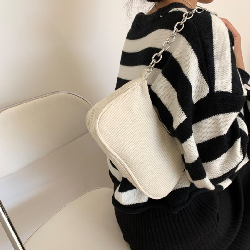 Túi Đeo Vai / Xách Tay Bằng Vải Nhung Kẻ Sọc Có Khóa Kéo Đơn Giản Dễ Phối Đồ Dùng Khi Đi Mua Sắm