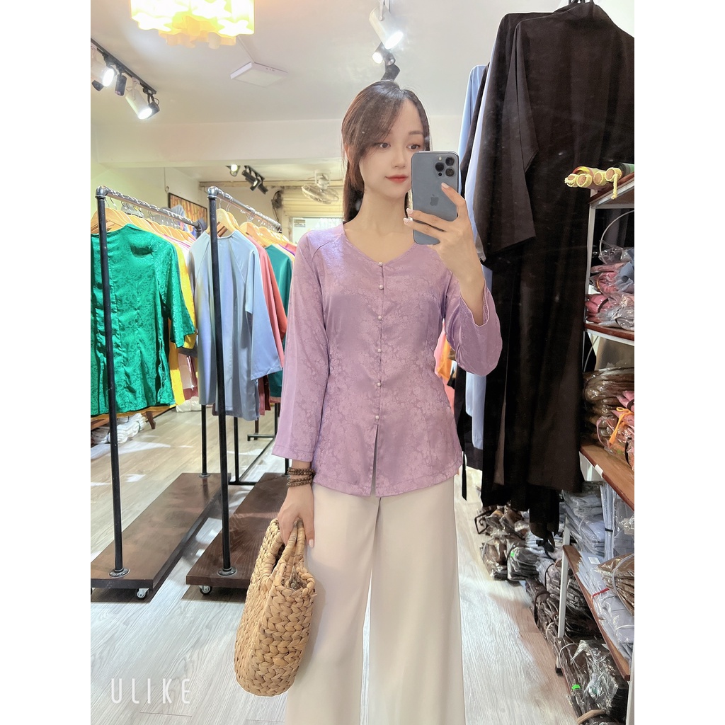 Áo màu Tím lụa gấm Hàn Châu # Đồ Phật tử lụa cao cấp # bà ba vân gấm hoa sen cúc ngọc xinh xắn AB12 Tím
