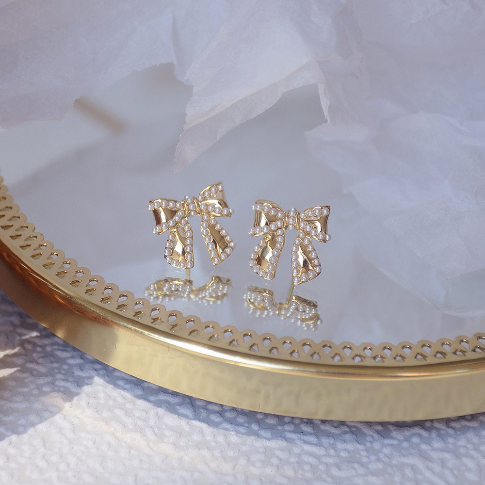 Đôi Bông Tai Hình Nơ Đính Ngọc Trai Giả Thời Trang Cho Nữ