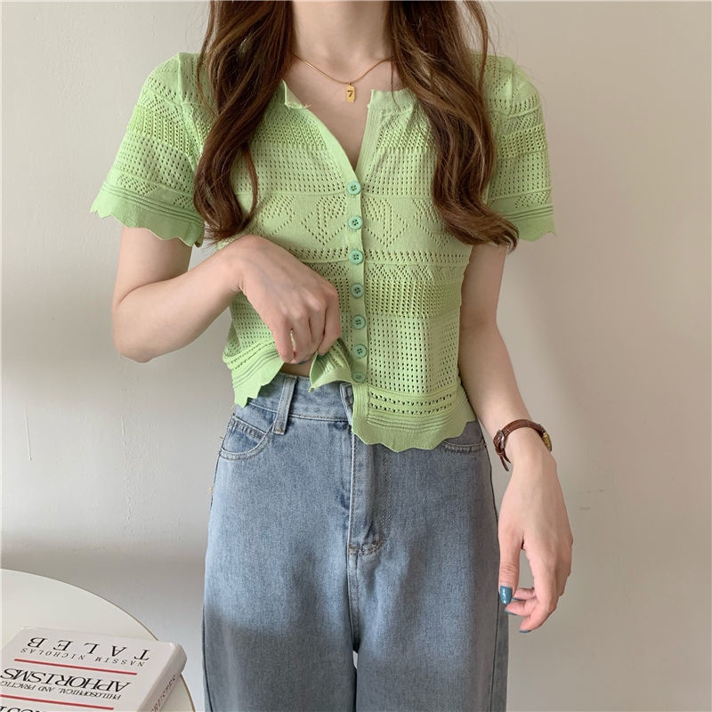 Áo Cardigan Dệt Kim Mỏng Tay Ngắn Màu Trắng Đơn Giản Trẻ Trung