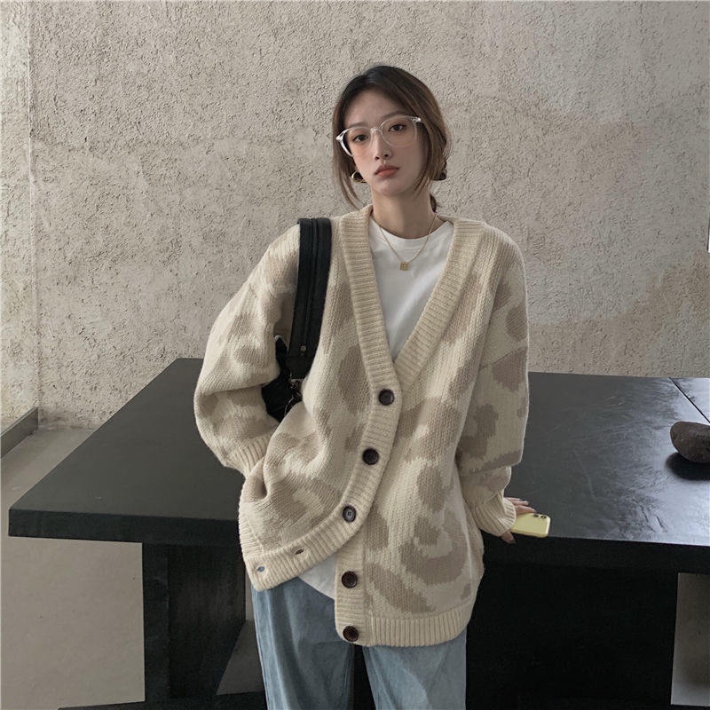 Áo Khoác Cardigan Dệt Kim Họa Tiết Da Báo Thiết Kế Mới Thời Trang Theo Phong Cách Hàn Quốc Cho Nữ