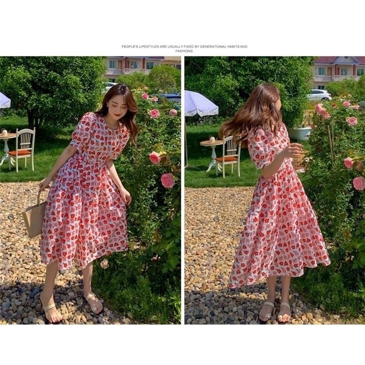 Đầm Dáng Dài Tay Phồng In Họa Tiết Hoa Nhỏ Xinh Xắn Thời Trang Pháp 2022