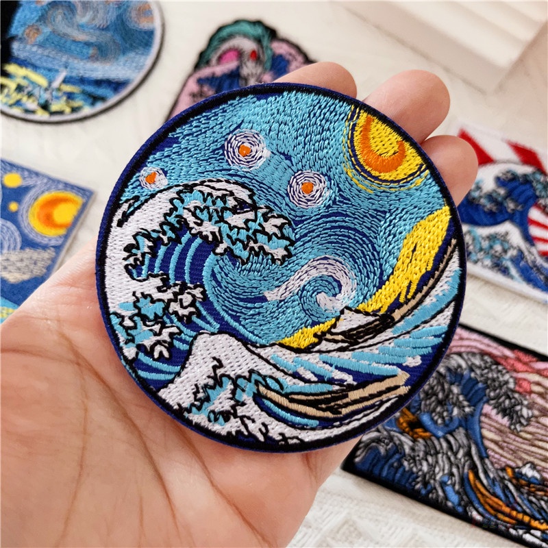 ✿ Miếng Dán Trang Trí Hình Sóng Biển Bầu Trời Đầy Sao ✿ 1 Miếng Dán Ủi Lên Quần Áo & Túi Xách Thêu Hình Chim Ruồi