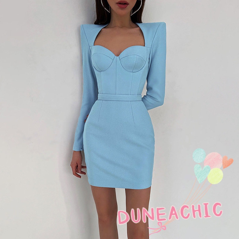 DUNEA Đầm tay dài màu trơn ôm dáng thời trang cho nữ