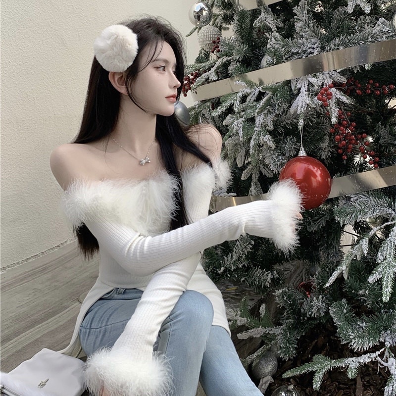 ÁO TRỄ VAI CHẤT LEN MỎNG PHỐI LÔNG SANG CHẢNH