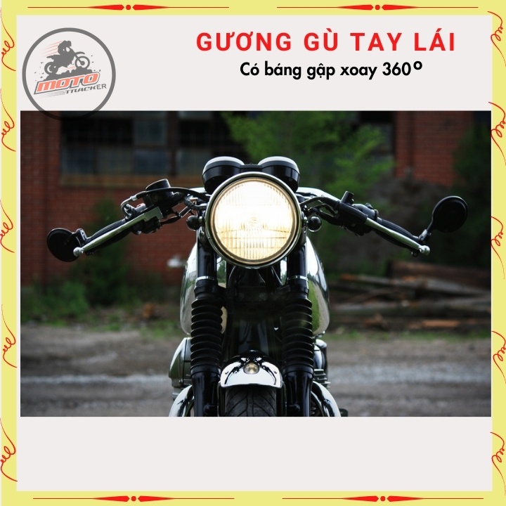 Gương gù tay lái, kính gù tròn cao cấp, có báng gập xoay 360, gương xe máy độ CAFE RACER