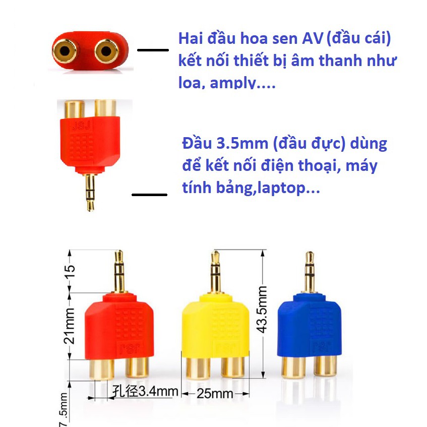 [Mã ELORDER5 giảm 10k đơn 20k] 01 Đầu chuyển Jack 3.5mm sang 2 đầu hoa sen AV