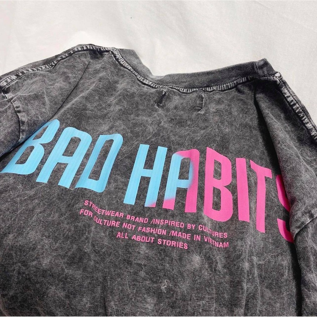 Áo thun bad habits Wash Logo hồng FULL TAG Áo wash tee ngắn tay không cổ Nam nữ Kun Shop