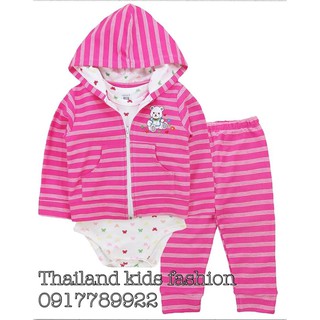 Set áo khoác, quần len và body Carter kẻ hồng