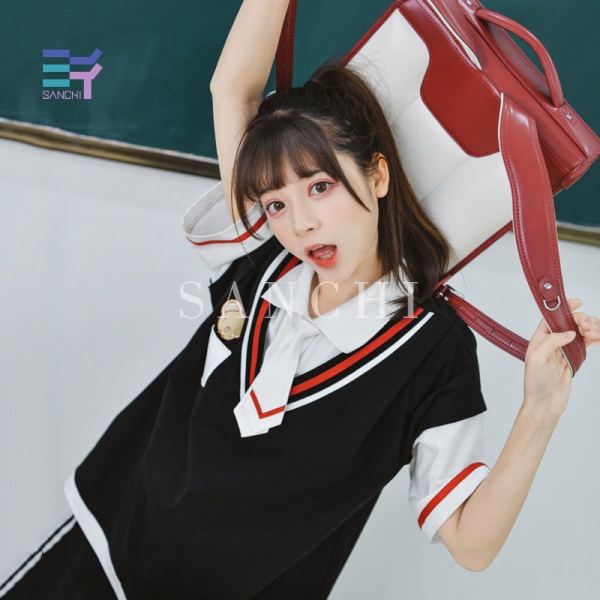 SANCHI Sportswear Set Includes Fake Two-Piece T-shirt Summer Fashion Shorts Women loose Plaid pleated skirt