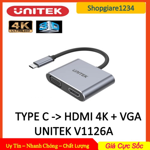 Cáp Type C sang HDMI Unitek V1126A, 4K x 2K, 60Hz &amp; Full HD VGA cao cấp