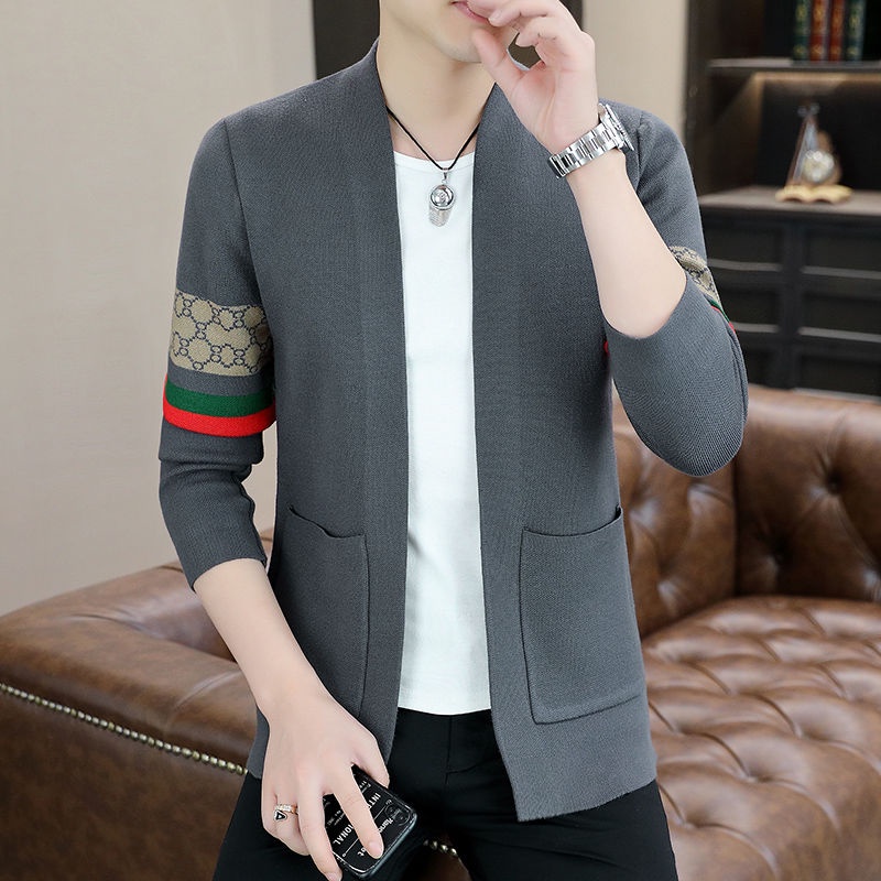Áo Khoác Cardigan Dệt Kim Tay Dài Cổ Đứng Họa Tiết Kẻ Sọc Phong Cách Hàn Quốc Cho Nam Giới Trung Niên