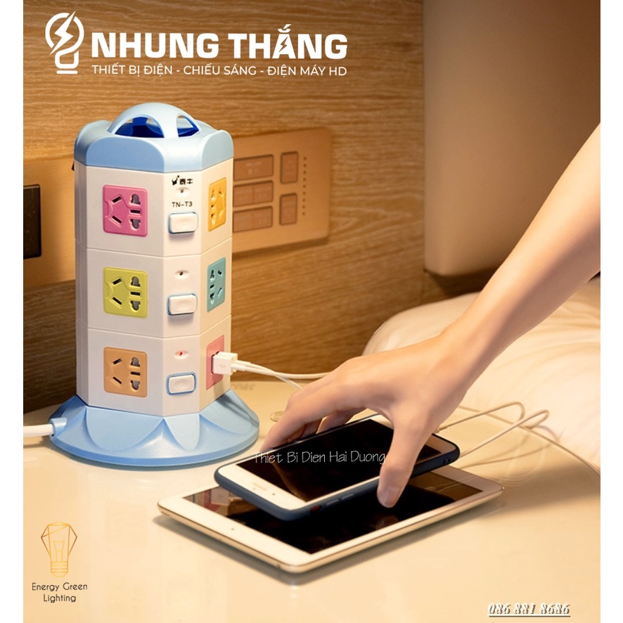 Ổ Cắm Điện Đứng Đa Năng TN-2,3,4 Tầng - Dây Dài 2m8 Tặng Kèm Phích Cắm Chuyển Đổi - Bảo Hành 1 Năm