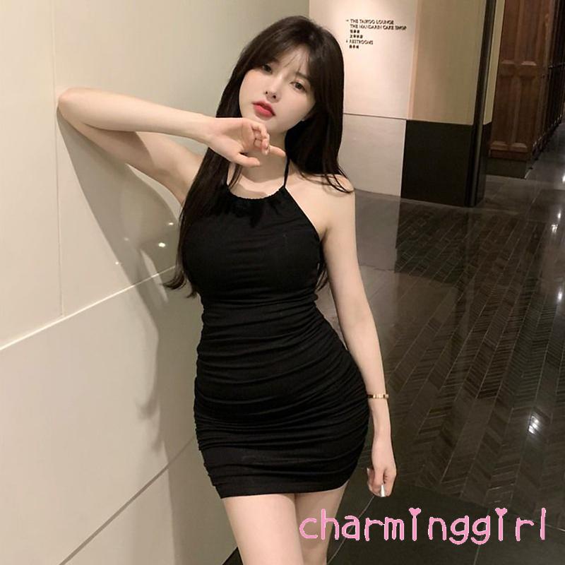 Đầm Mini Hở Lưng Cổ Yếm Màu Trơn Thời Trang Cho Nữ