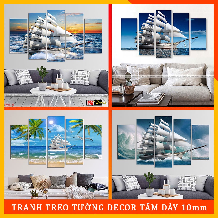 Tranh treo tường thuận buồm xuôi gió 3D khổ lớn 5 tấm dày 10mm, in UV sắc nét chống bay màu, chống ẩm mốc, tặng đinh