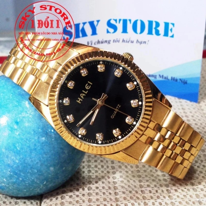 Đồng hồ nam HALEI M3516A (Mặt đen) dây hợp kim mạ vàng