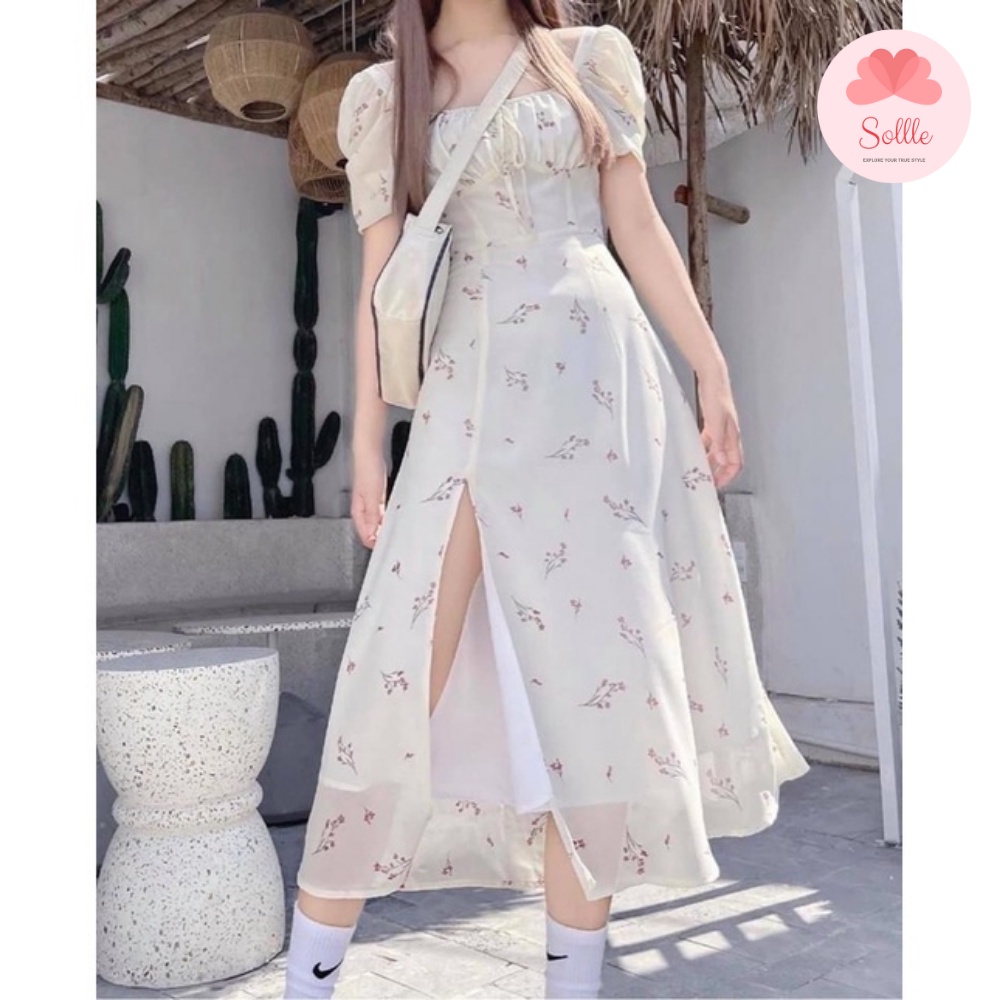 Váy hoa nhí dáng dài xẻ tà rút ngực Đầm trắng cổ vuông tay ngắn phồng du lịch hè Sollle