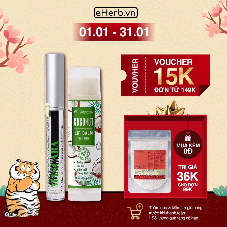 Combo Mascara Dưỡng Dài Mi &amp; Son Dưỡng Môi Từ Dầu Dừa Nguyên Chất MILAGANICS (10ml/ Combo)