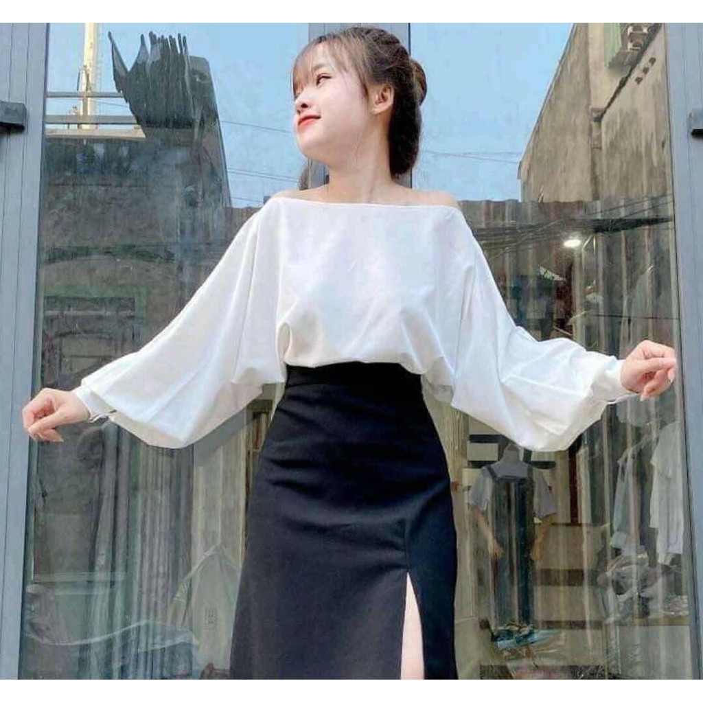 Set Bộ Áo Sơ Mi Trễ Vai+ Chân Váy Xẻ Vintage Hot Trend Ulzzang Thời Trang Nữ