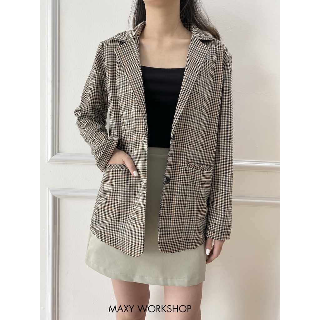 Áo khoác nữ công sở sọc nâu caro button blazer Maxy Workshop