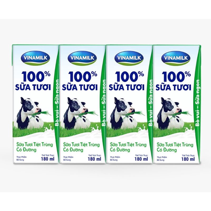 Sữa tươi tiệt trùng Vinamilk 100% Có đường - Lốc 4 Hộp x 180ml