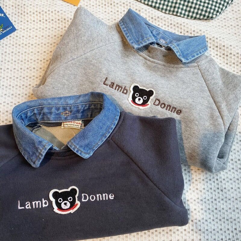 MNGRL Áo Thun Dài Tay Giả Hai Lớp Cổ Áo Denim Hàn Quốc Cho Bé Trai