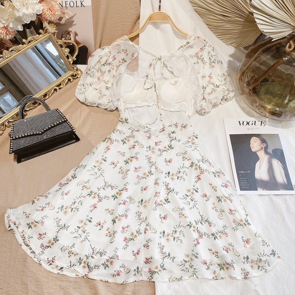 Đầm hoa nhíu ngực viền bèo cutout lưng | BigBuy360 - bigbuy360.vn