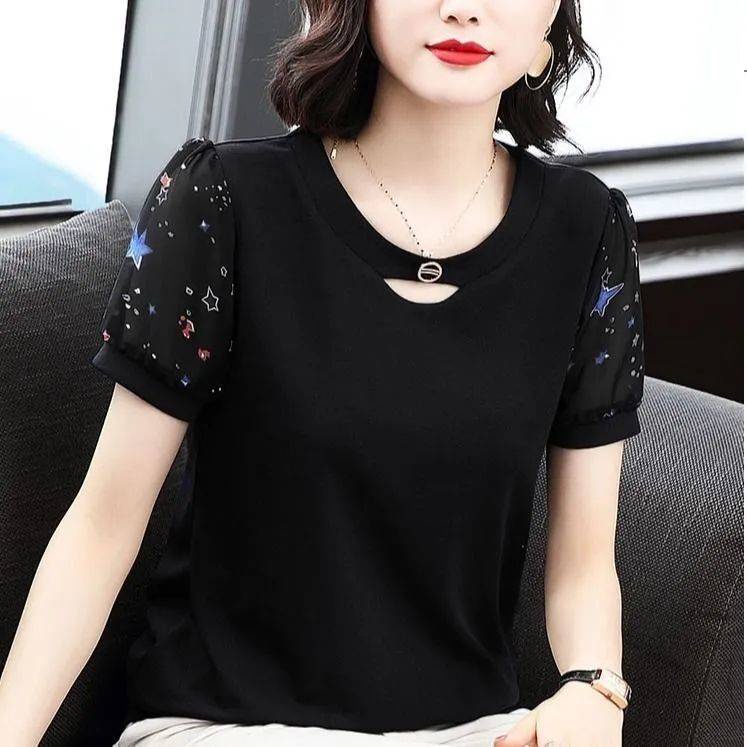 [ Mã 11FASHIONSALE1 giảm 10K đơn 50K ] Áo thun tay ngắn bằng vải voan dáng suông thích hợp cho phụ nữ trung niên cỡ lớn | BigBuy360 - bigbuy360.vn