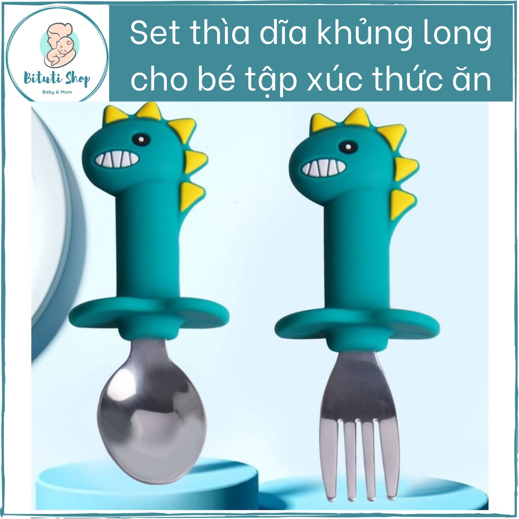 Thìa dĩa tập xúc cho bé chất liệu inox cao cấp hình khủng long dễ thương - Bituti Shop