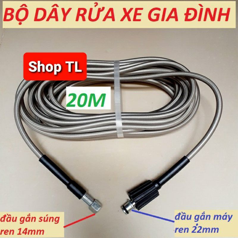 Dây Rửa Xe 10m,15m,20m Cho Máy Bơm Xịt Rửa Áp Lực Cao (Ren  nối 22mm - 14mm)