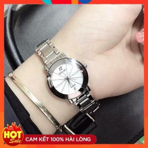 Đồng hồ Nữ Halei dây kim loại không ghỉ, chống nước, chống xước mặt tròn size 26mm màu trắng HL457