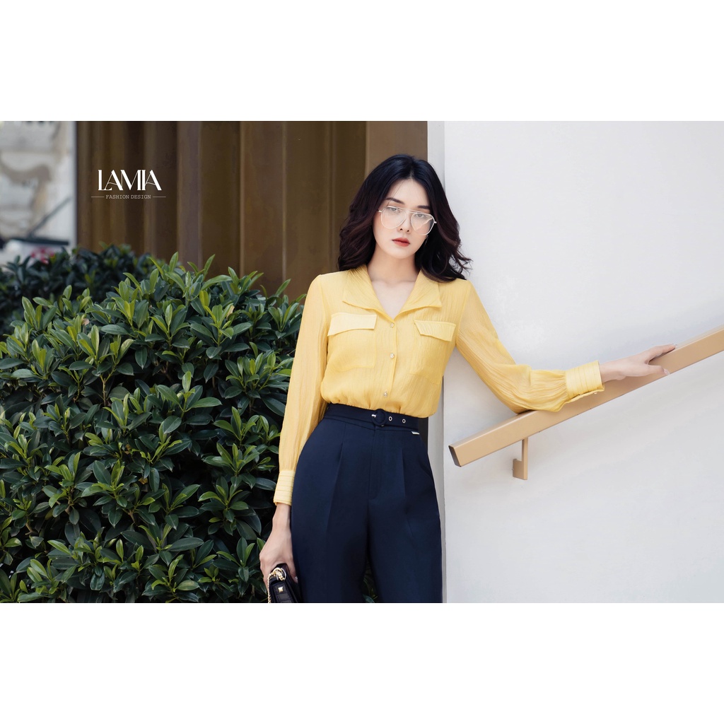 Áo sơ mi lụa vàng họa tiết LUXA002 Lamia Design