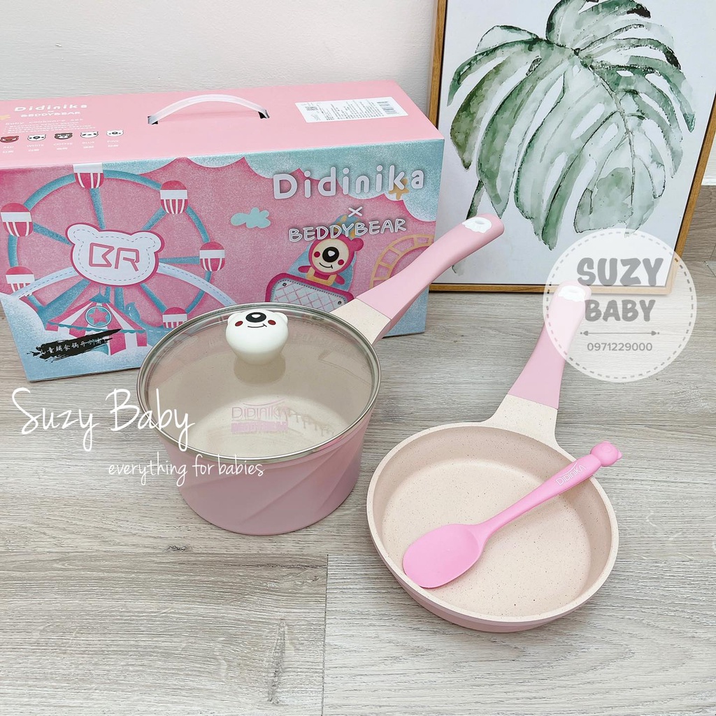 Bộ nồi chảo đá didinika họa tiết gấu nấu ăn dặm cho bé
