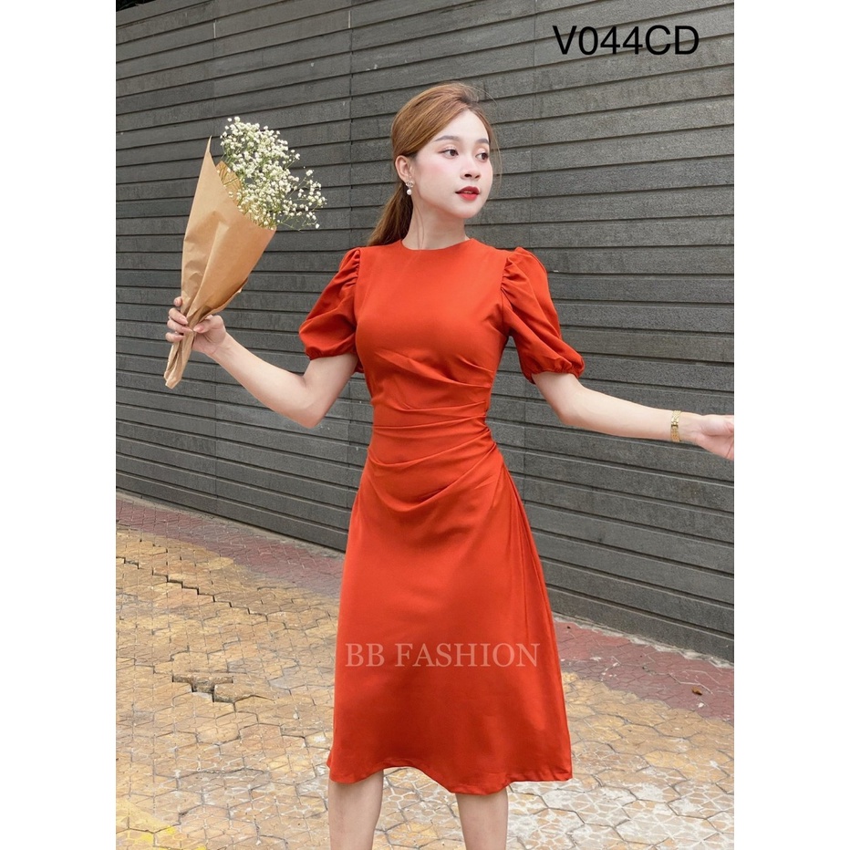 Đầm váy nữ cổ tròn xếp ly eo màu cam đất cao cấp, Váy nữ tay bồng chất chéo hàn mềm mịn hàng thiết kế V044CD | BigBuy360 - bigbuy360.vn
