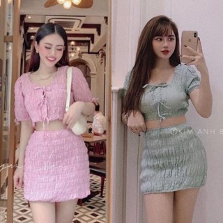 Sét bộ nhúng áo cột nơ phối chân váy ôm Cao Cấp
