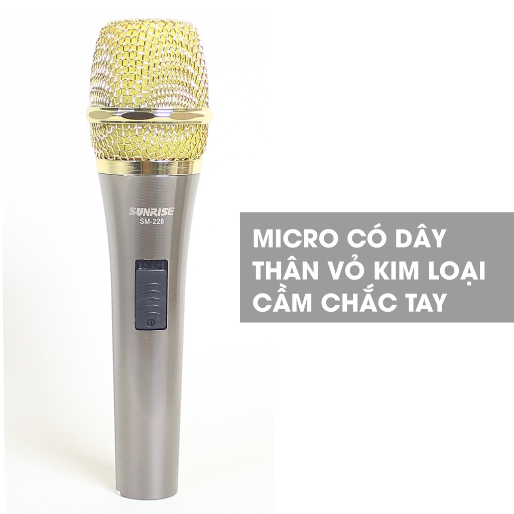 Micro karaoke có dây chính hãng Sunrise SM-228 đầu mic chất lượng cao, thân kim loại kèm dây zin dài 8m chống gãy bền bỉ